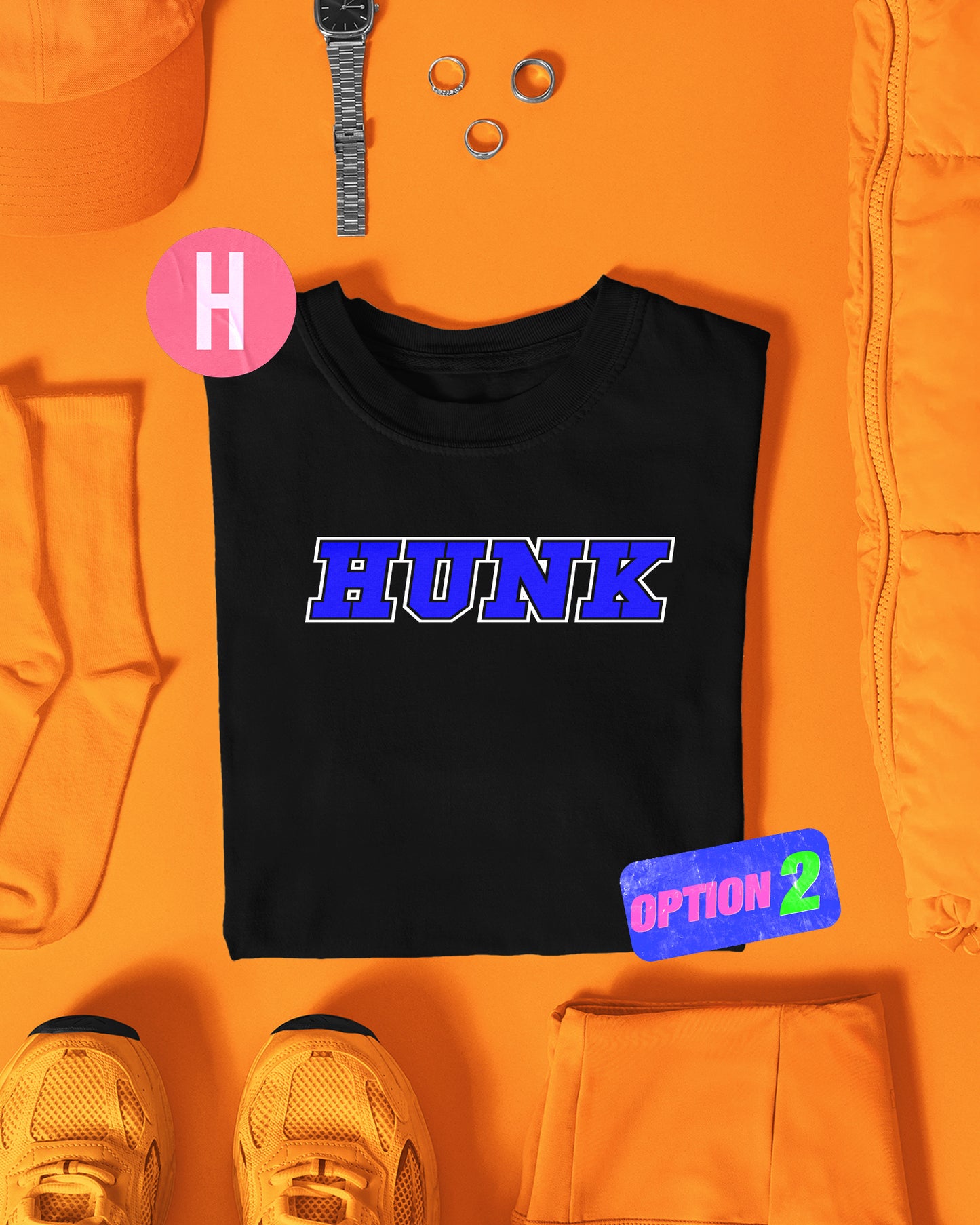 Blue varsity style HUNK on black - tee