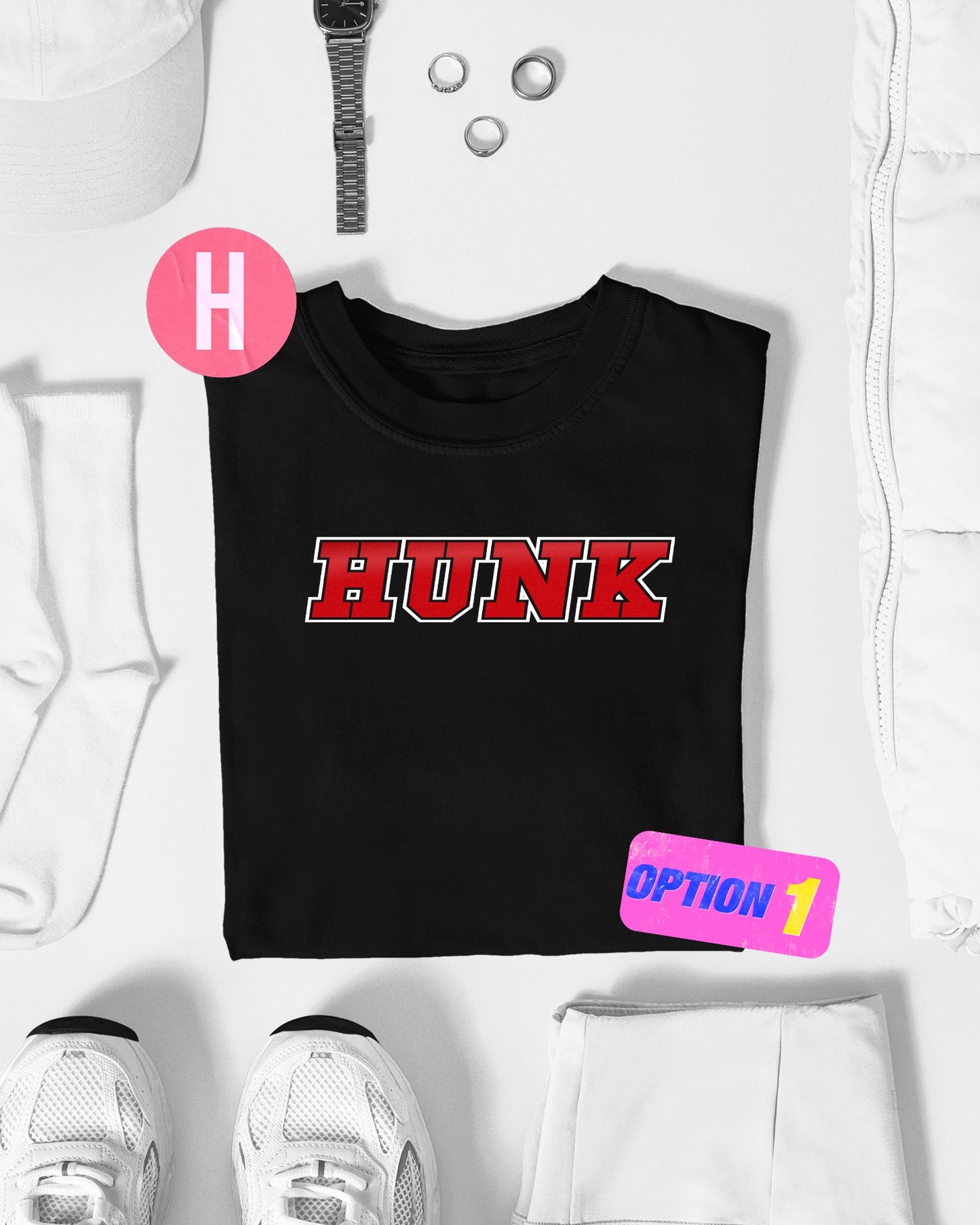 Varsity style HUNK on black - tee