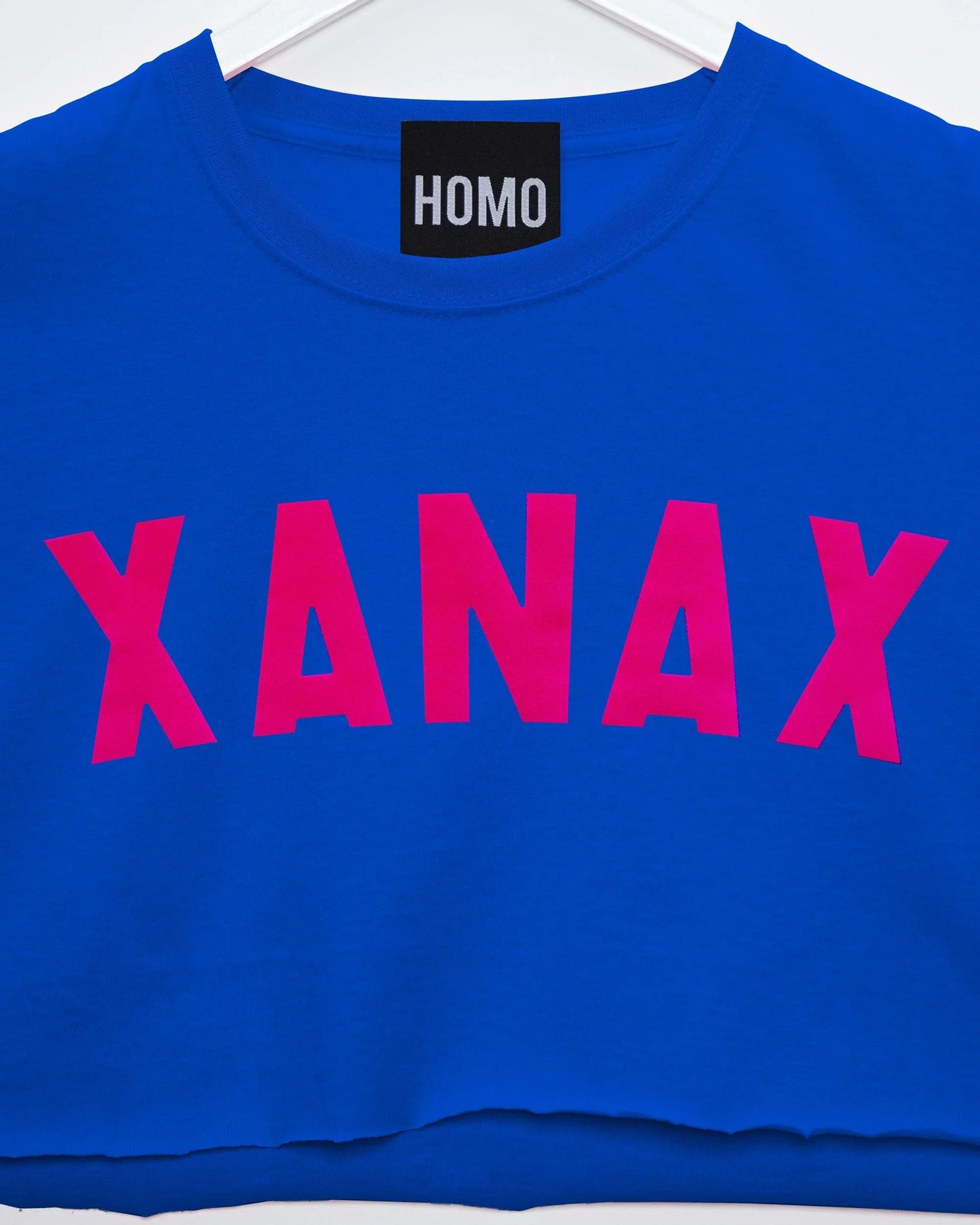 Fluorescent pink flock Xanax - blue crop top