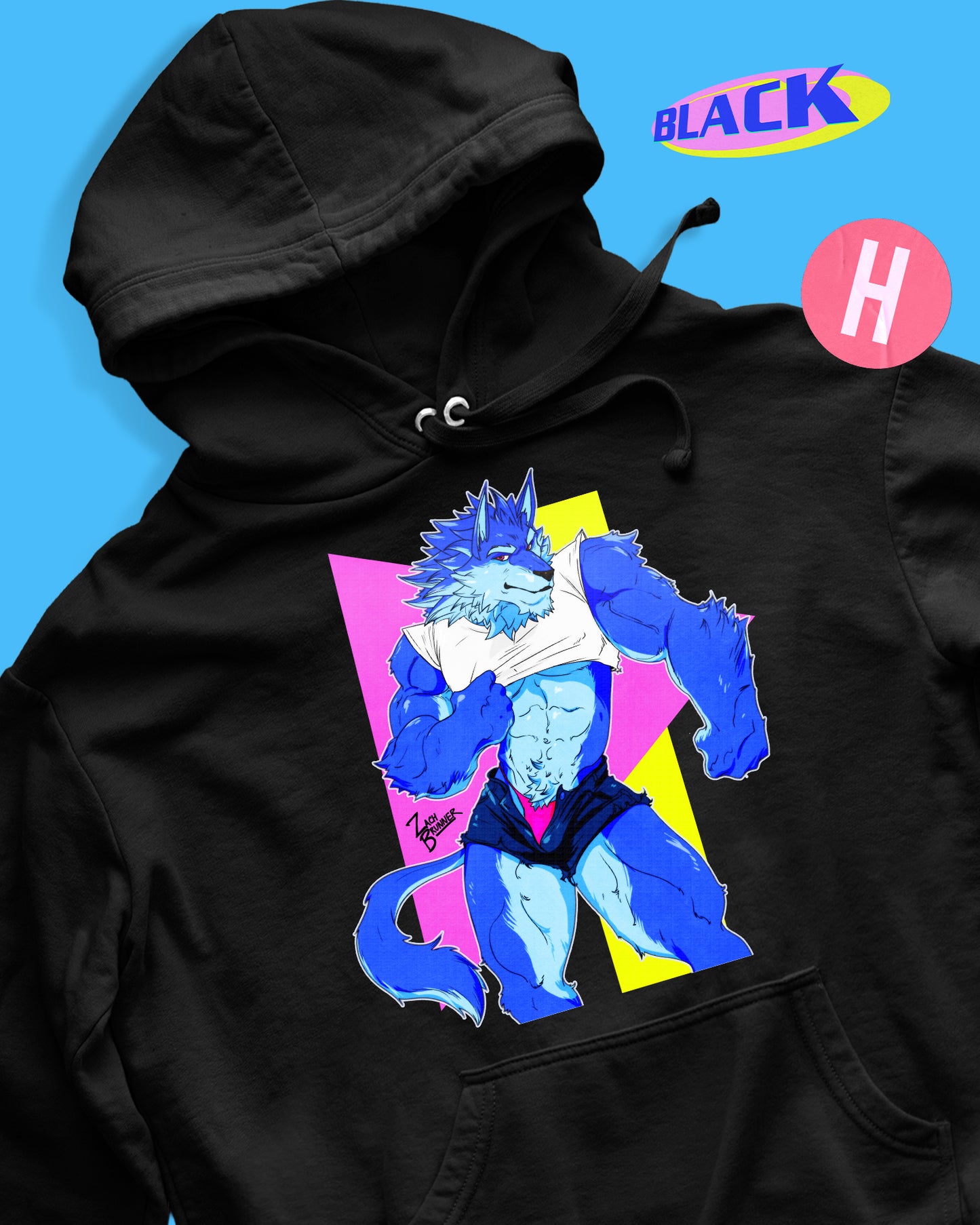 90's style blue wolf furry soft style hoodie - black