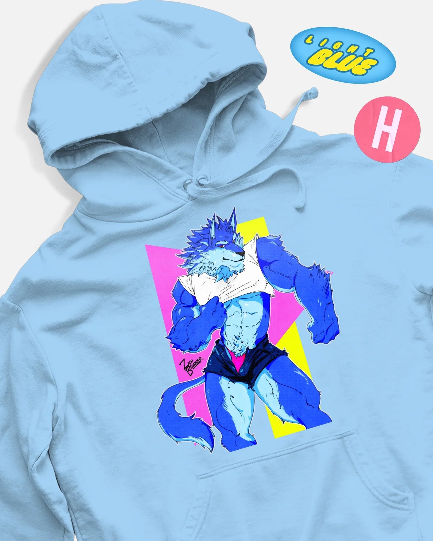 90's style blue wolf furry soft style hoodie - light blue
