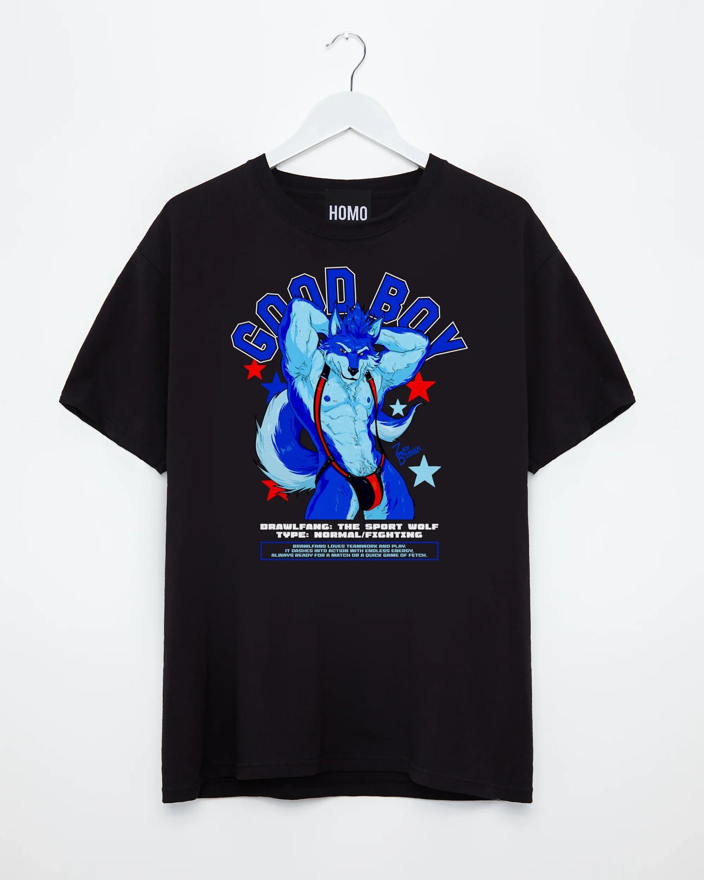 GOOD BOY, Brawlfang the sports wolf! on black - tshirt