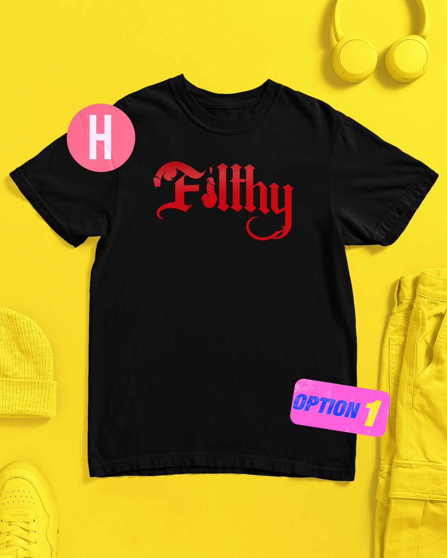 FILTHY gothic font, grey flock - tee
