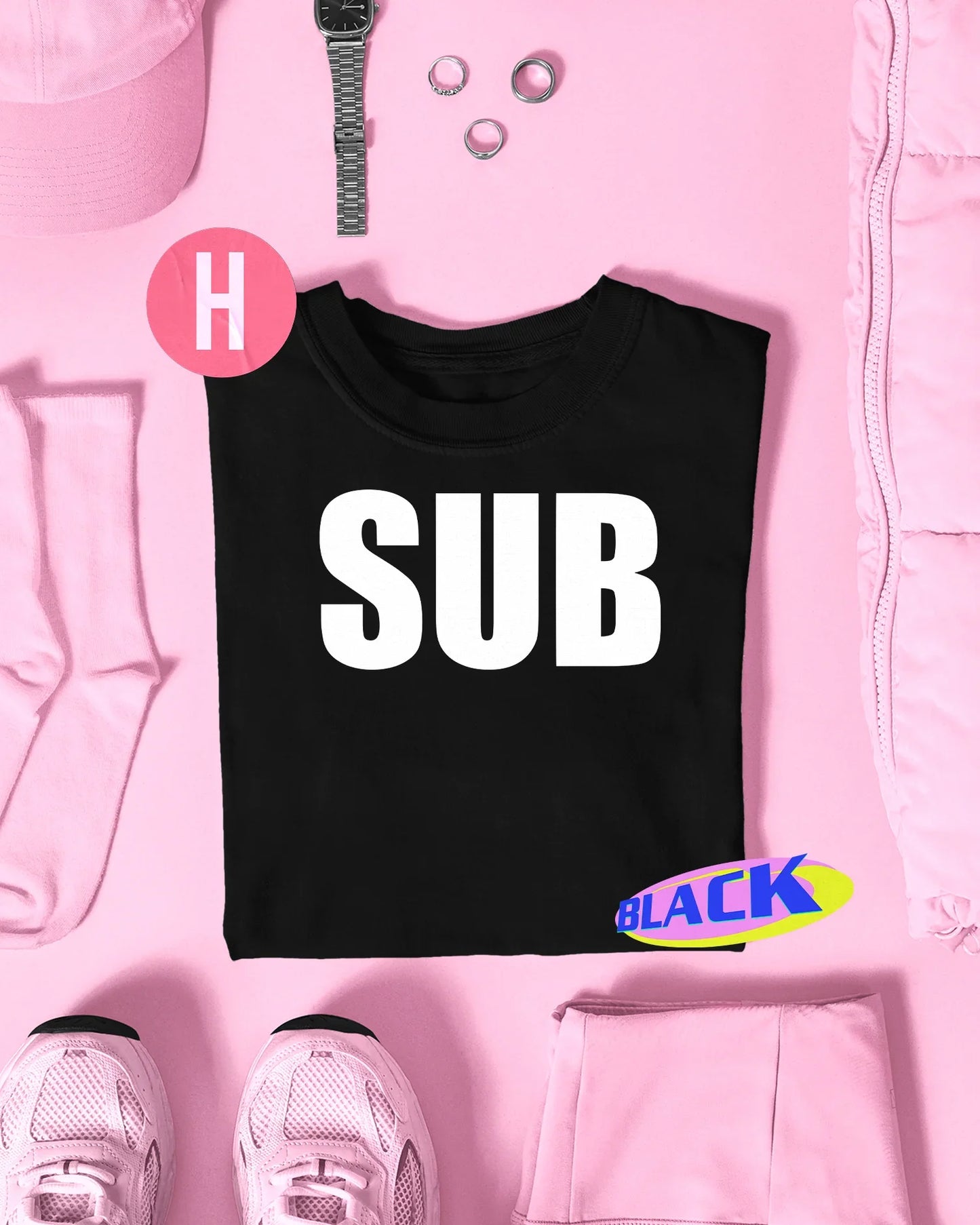 SUB slogan, white flock on black - tee