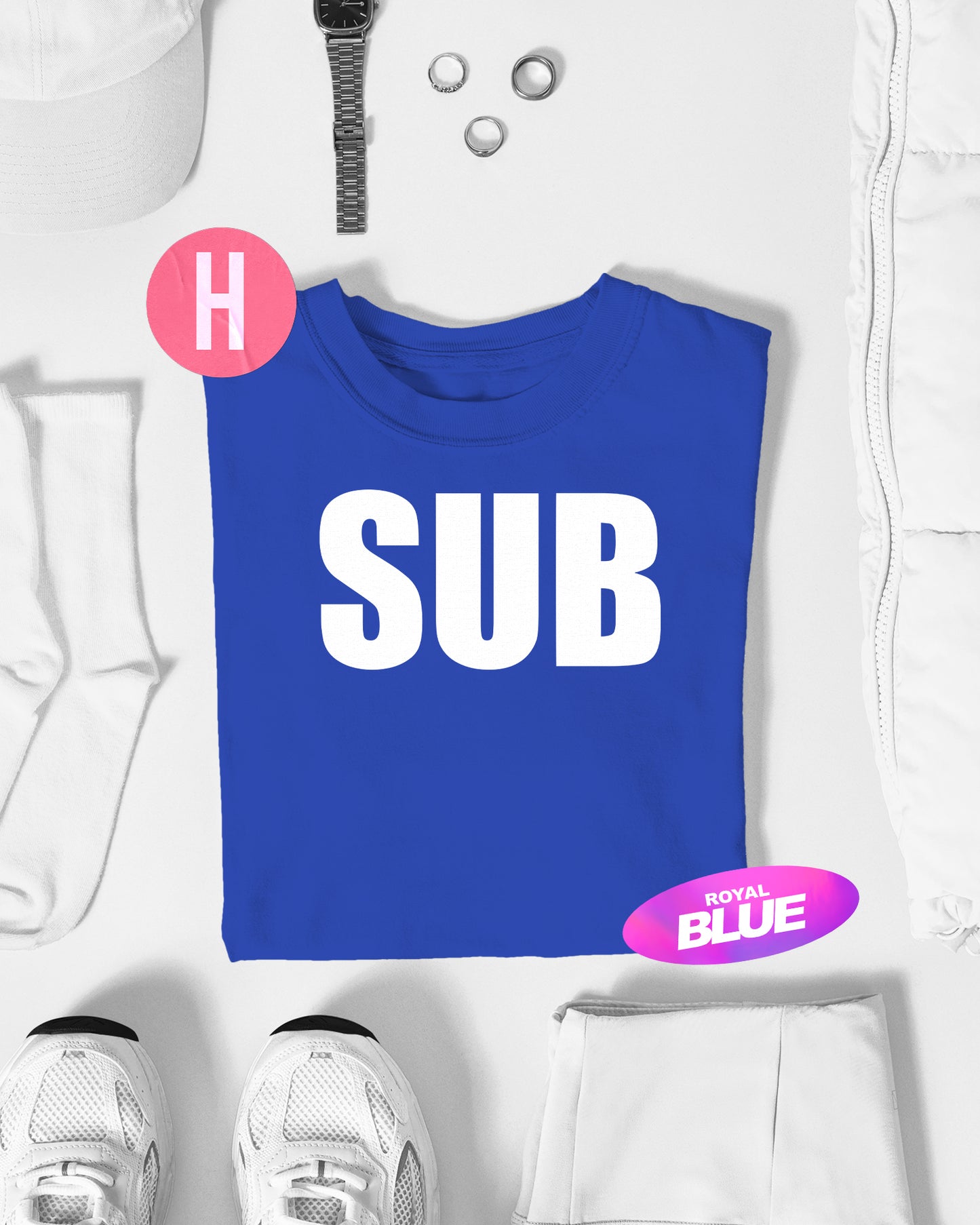 SUB slogan, white flock on blue - tee
