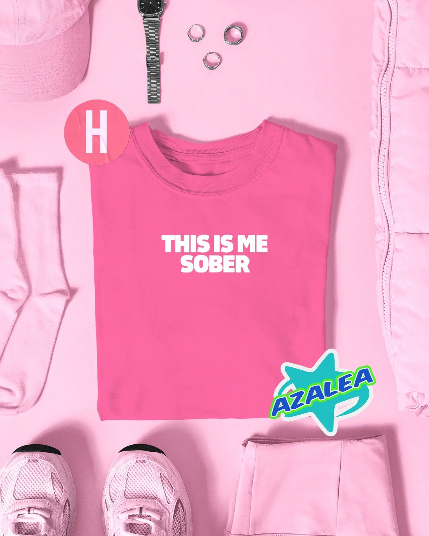 THIS IS ME SOBER slogan, white flock on pink - tee