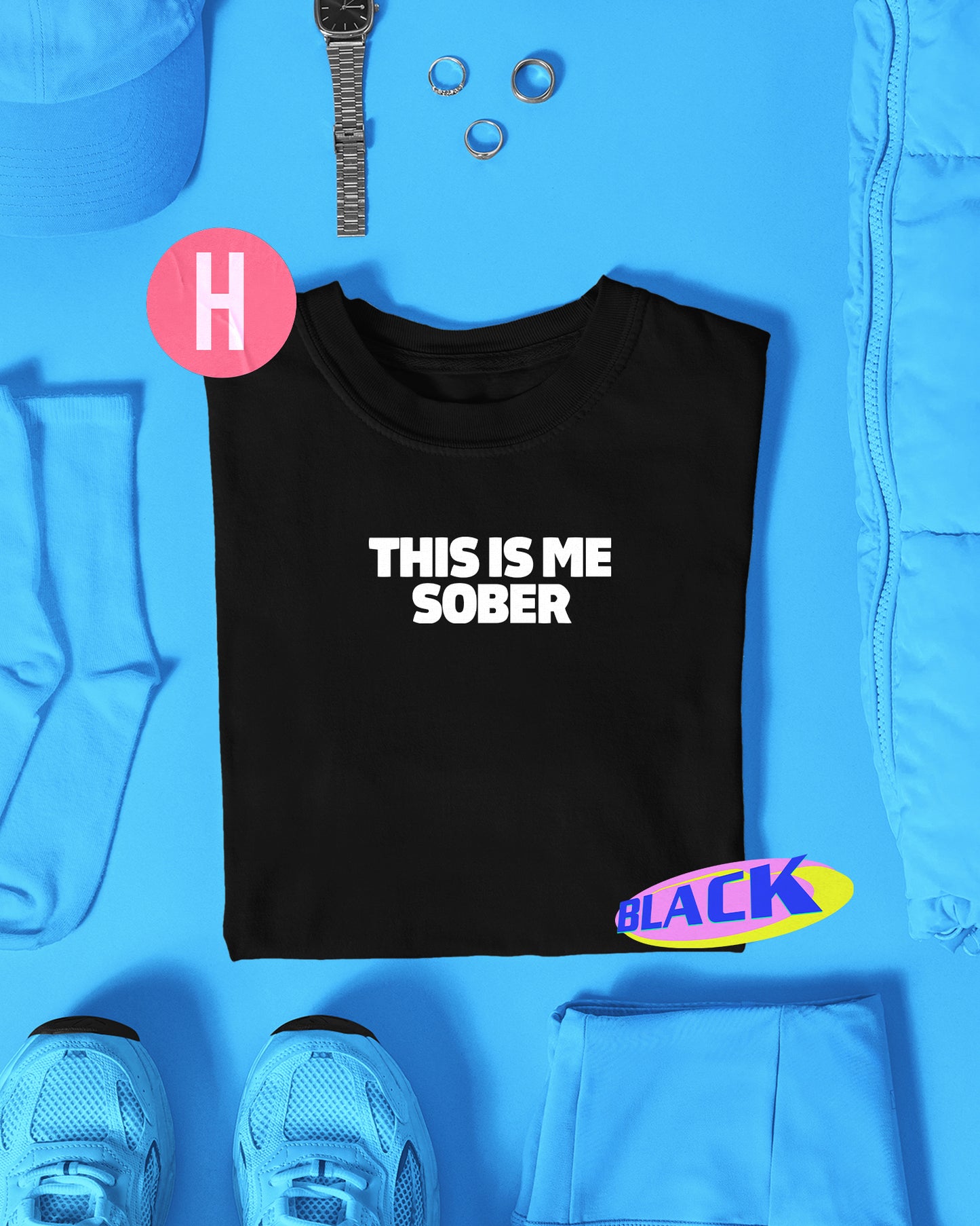 THIS IS ME SOBER slogan, white flock on black - tee