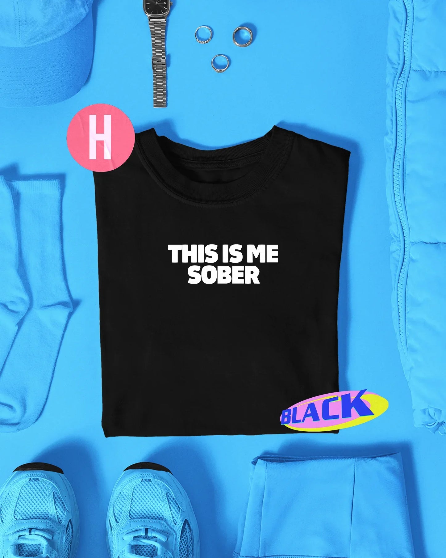 THIS IS ME SOBER slogan, white flock on black - tee