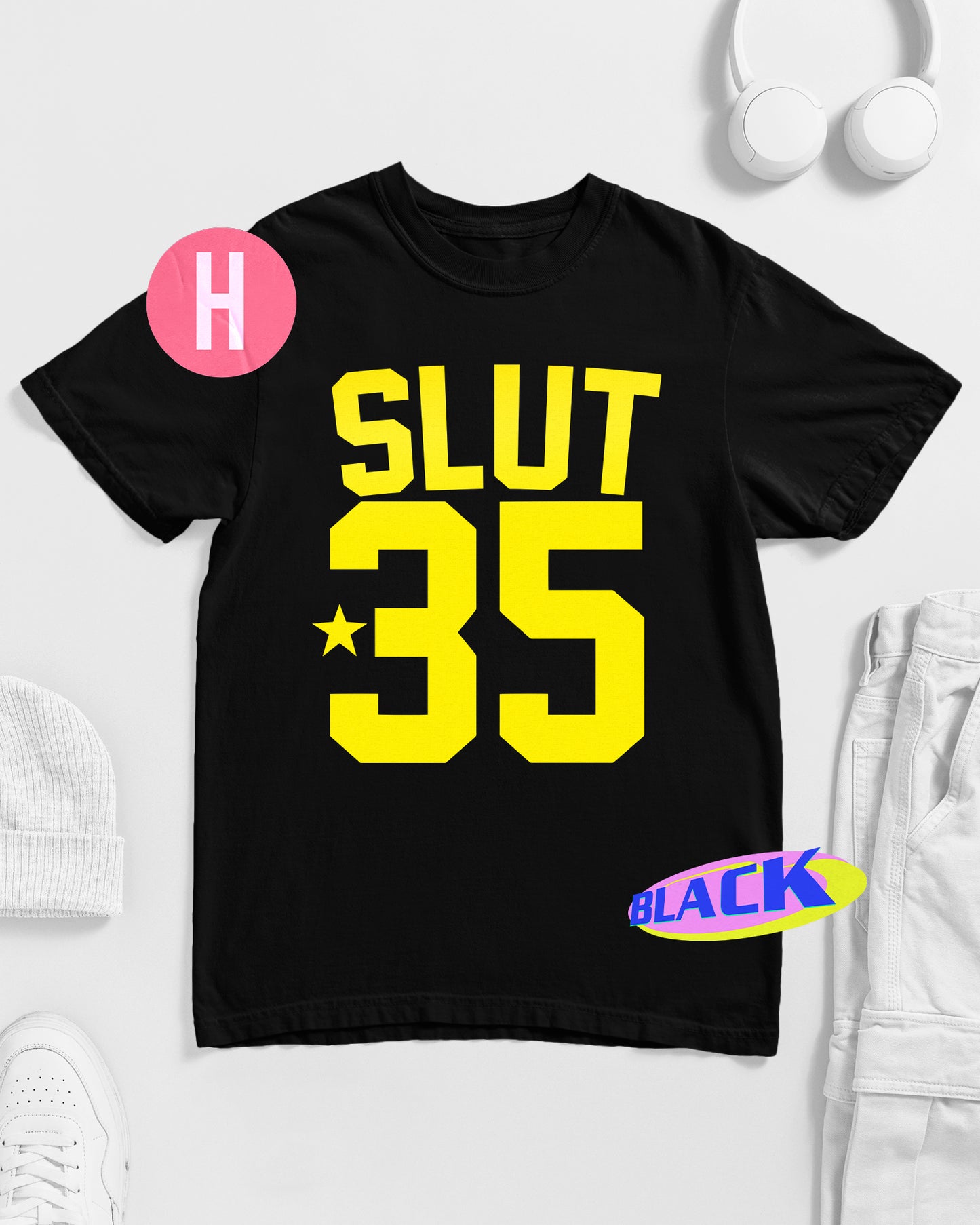 Gay sports inspired SLUT 35 slogan, fluorescent yellow on black - tee