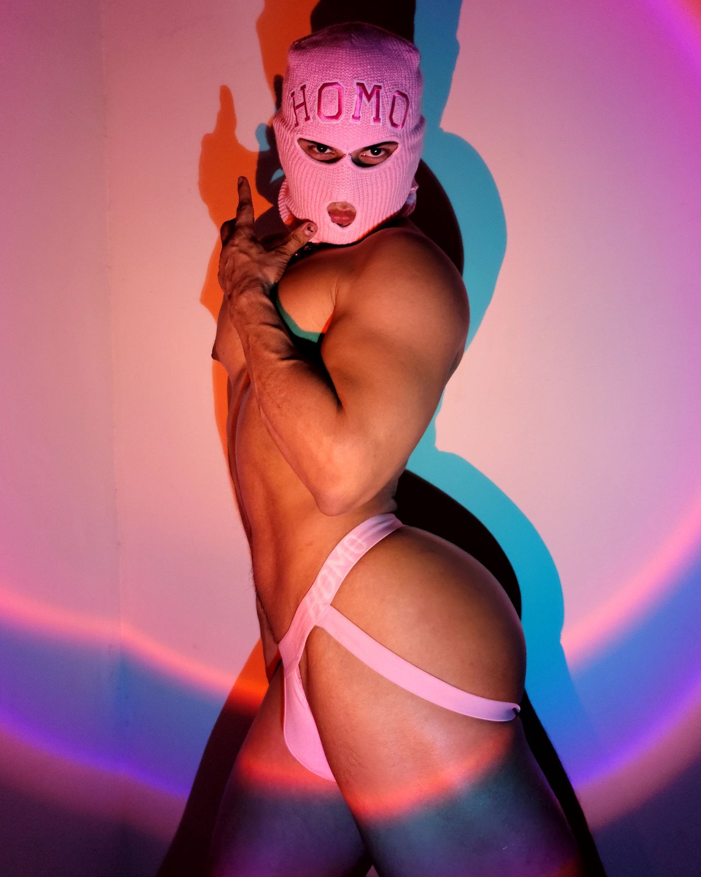 Get the look!! Pink HOMO classic jock & pink HOMO balaclava set.