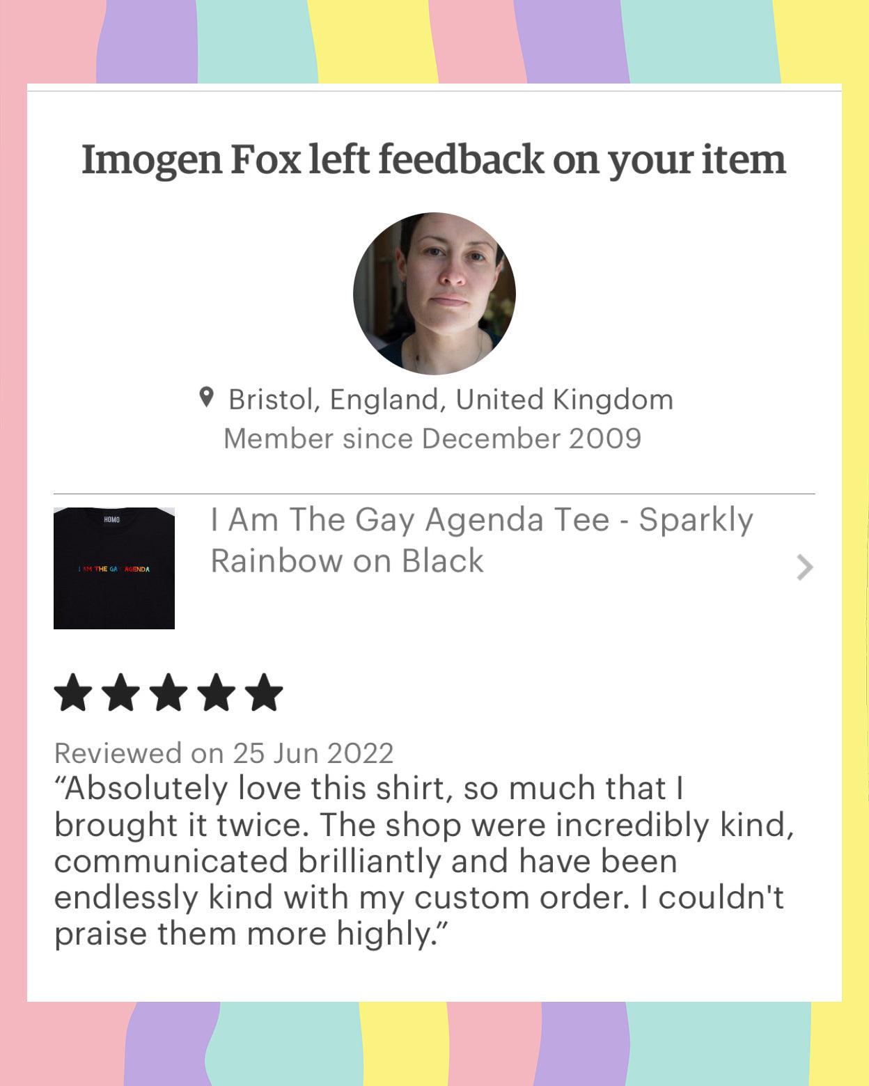 As seen on Married at first sight, I Am The Gay Agenda Tee - Sparkly Rainbow on Black