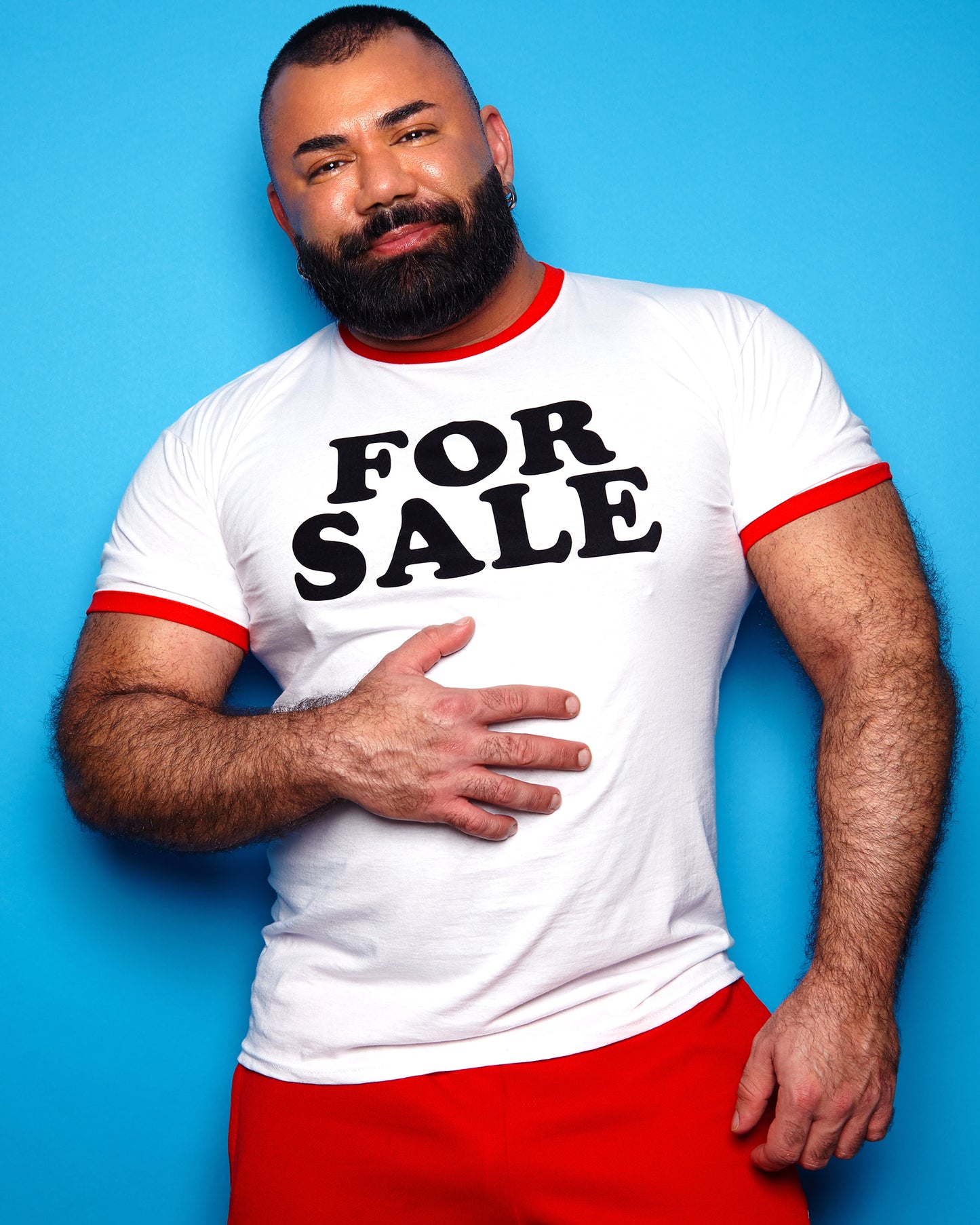FOR SALE, Black flock print on white - red trim (slim fit) tee