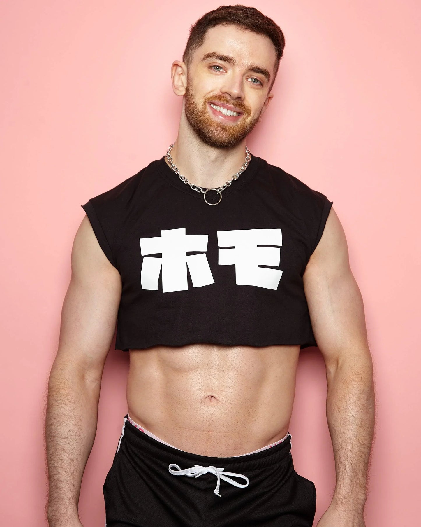 HOMO in Japanese, white on black - mens sleeveless crop top. - HOMOLONDON