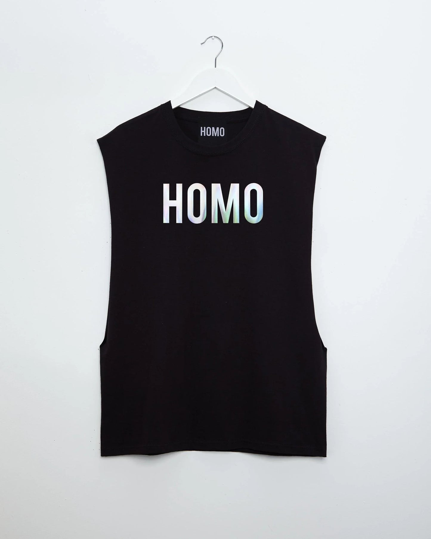 HOMO, sideless tee - hologram on black.