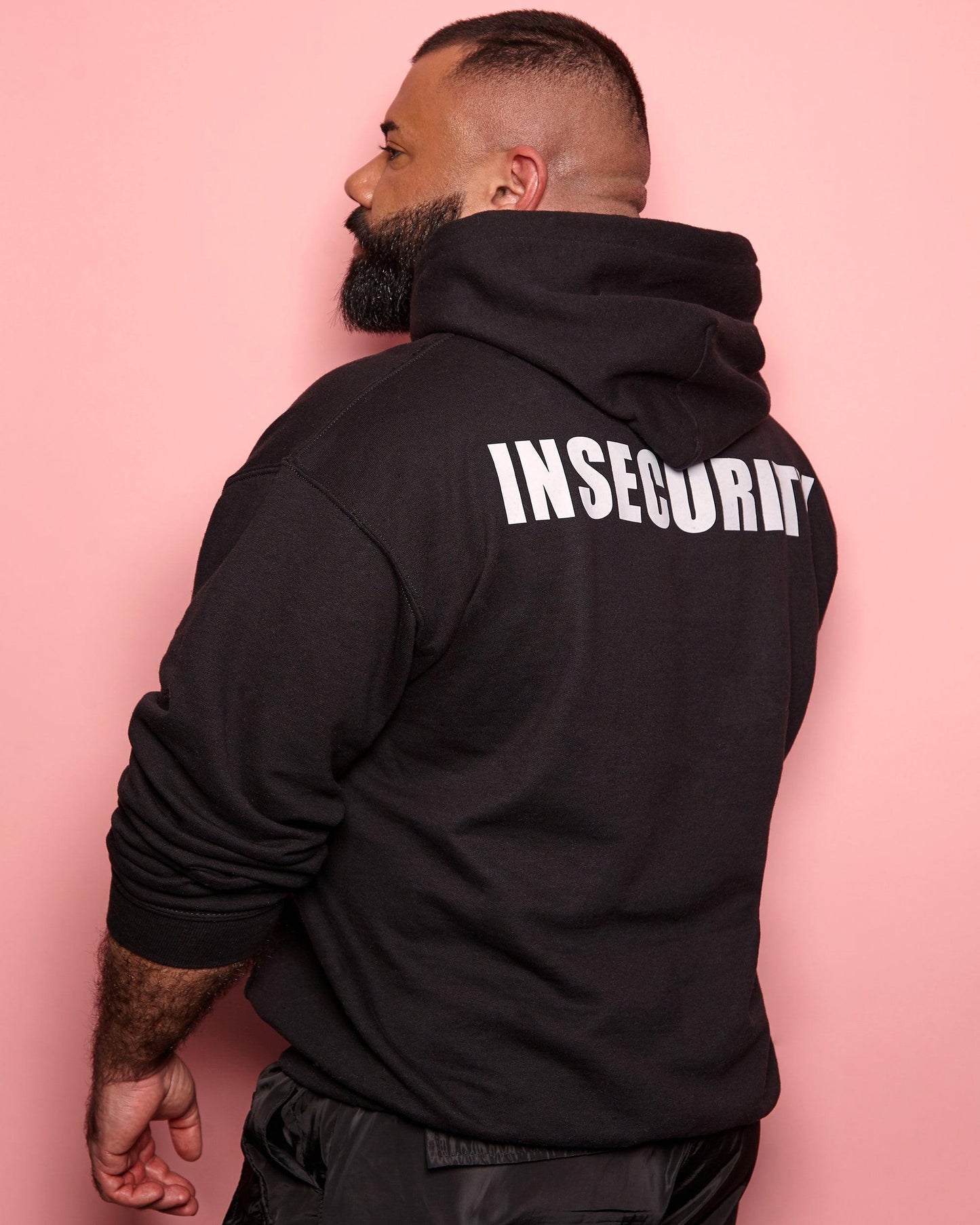 INSECURITY, white on black - pullover hoodie. - HOMOLONDON