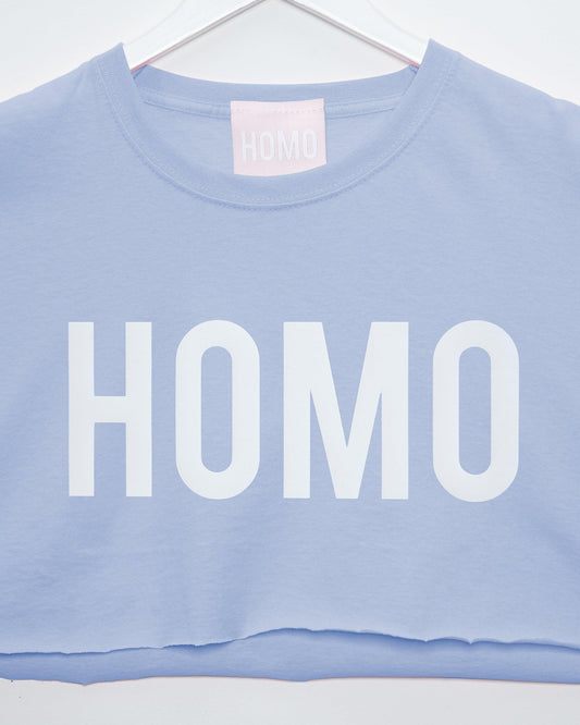 HOMO, mens sleeveless crop top - White on light Blue. - HOMOLONDON