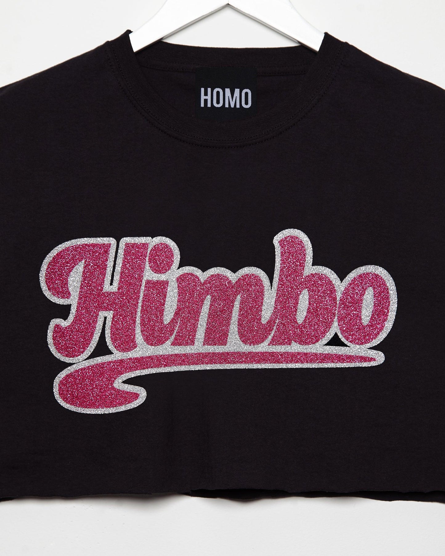 Himbo, pink/silver glitter on black - crop-top.