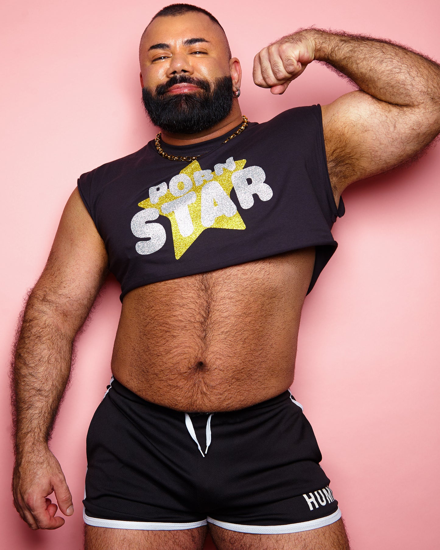 PORN STAR, silver/gold glitter on black - Sleeveless crop-top.