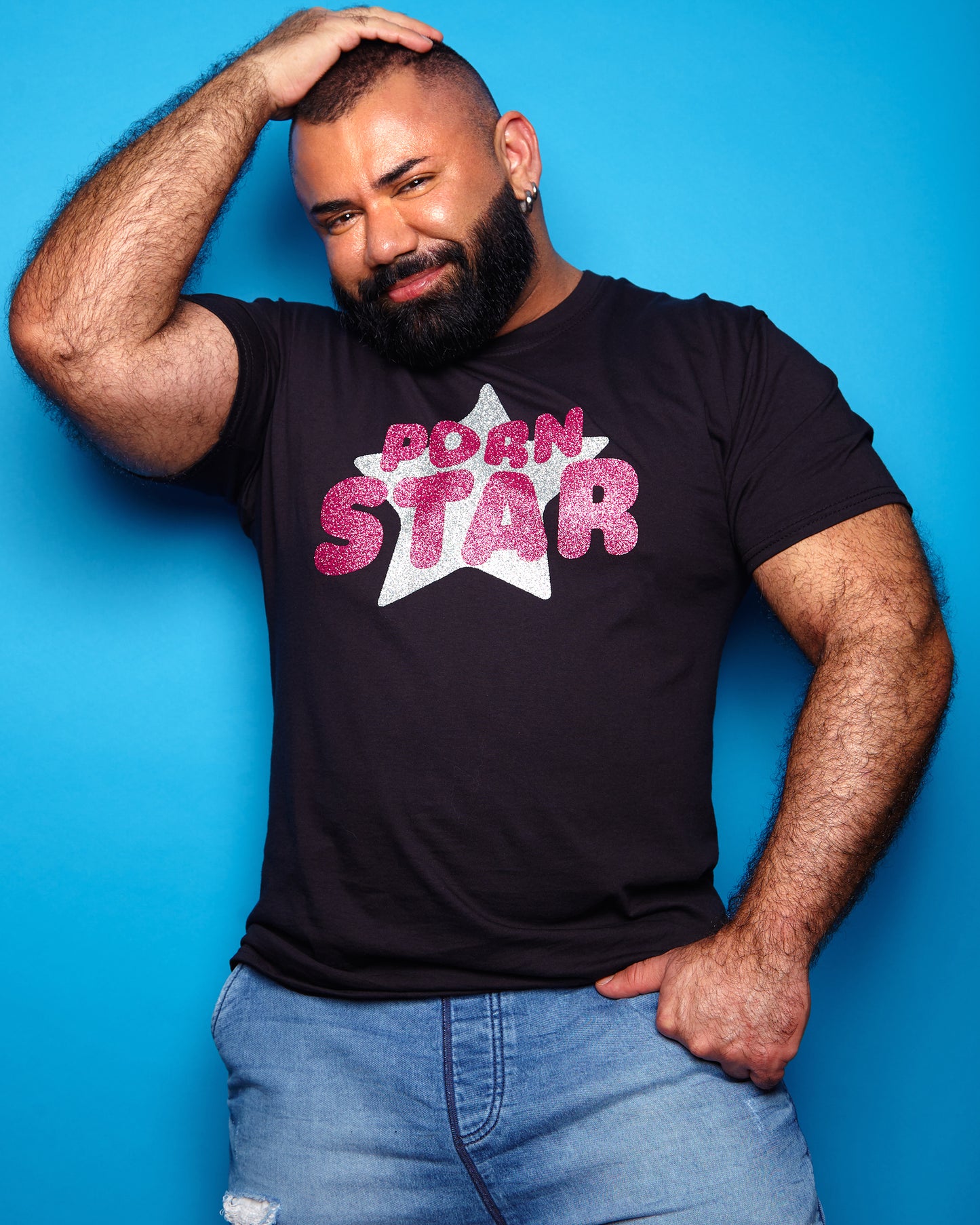 PORN STAR, Pink/silver glitter on black - tee