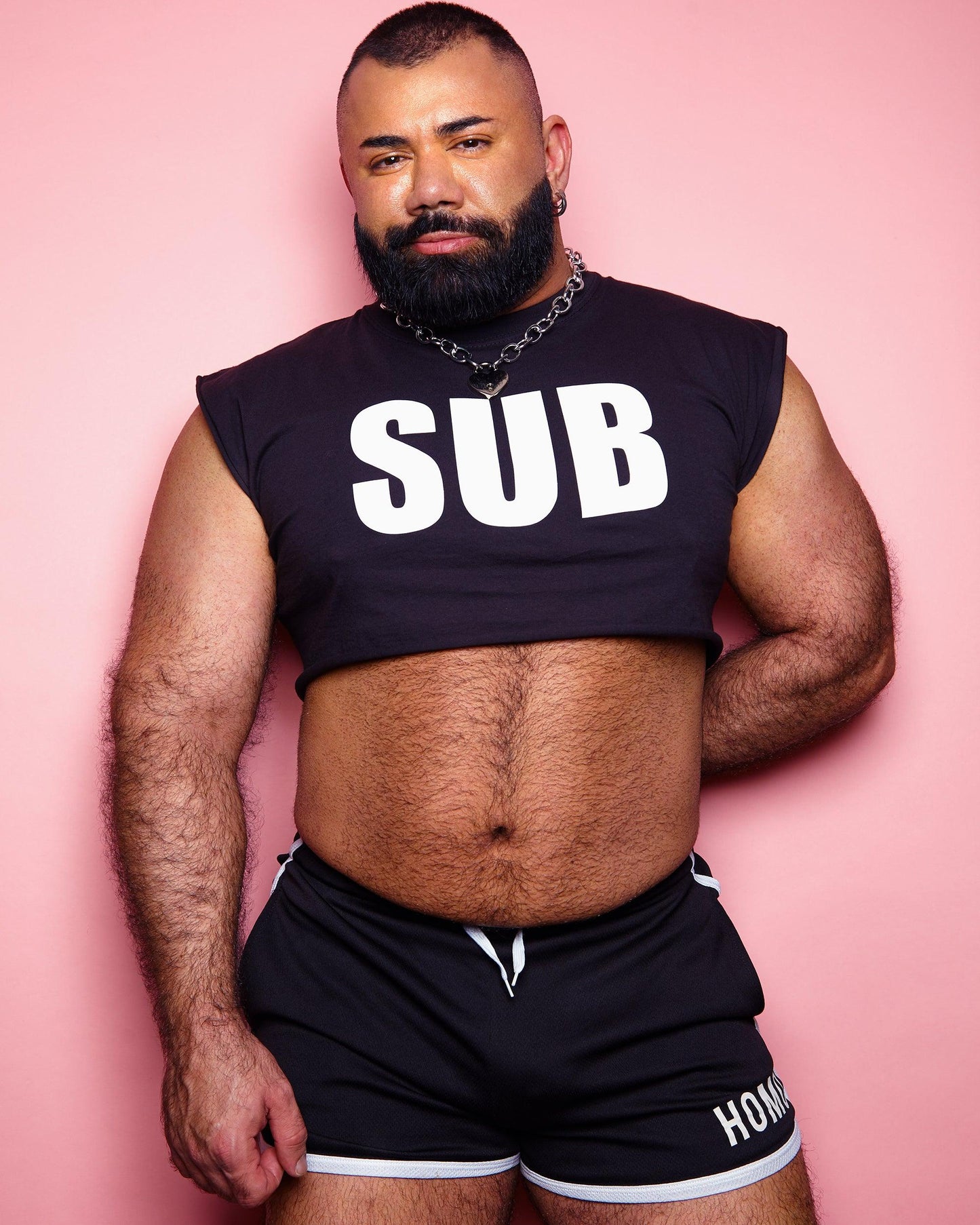 SUB, white flock print on black - sleeveless crop-top.