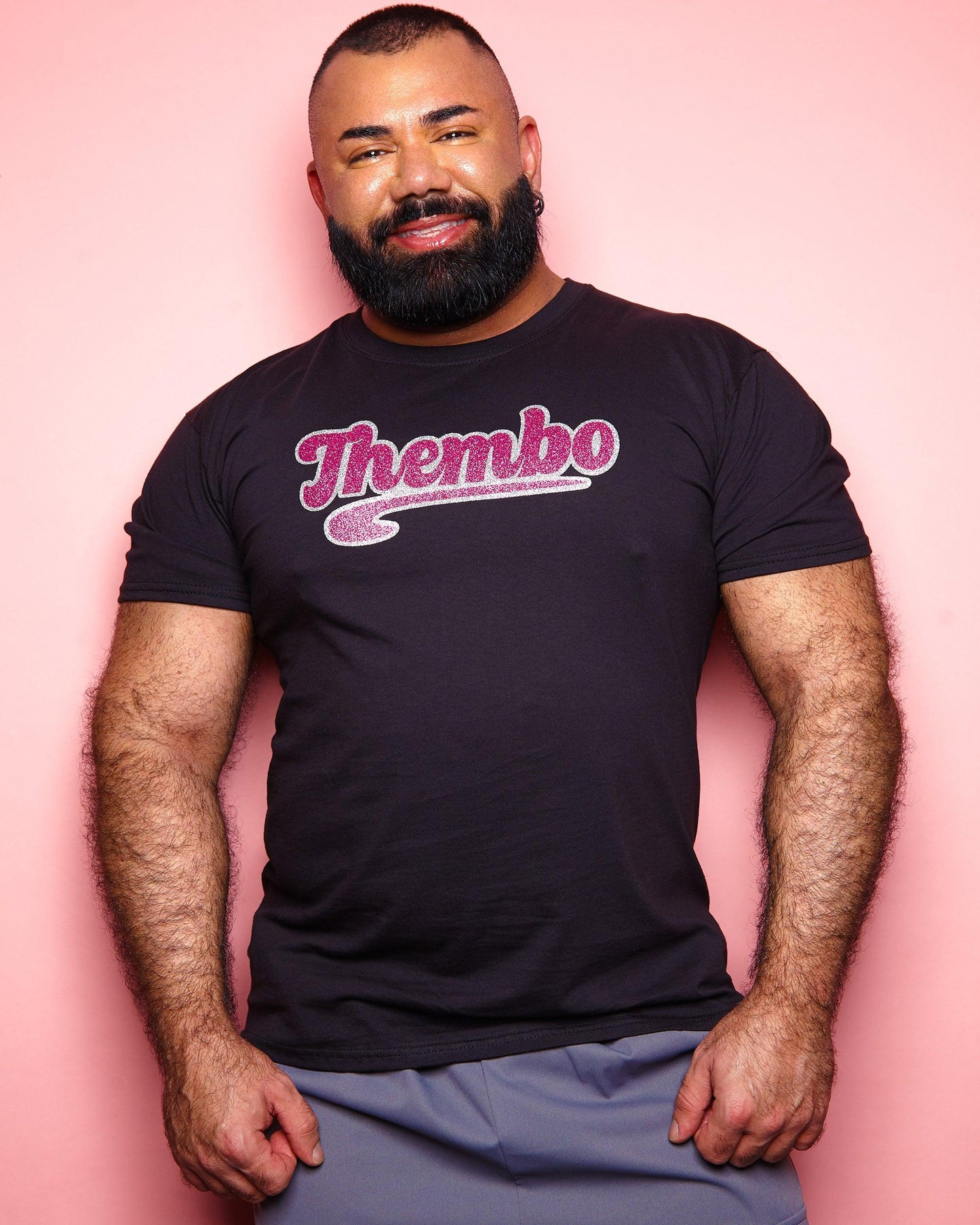 Thembo, pink/silver glitter on black - tee