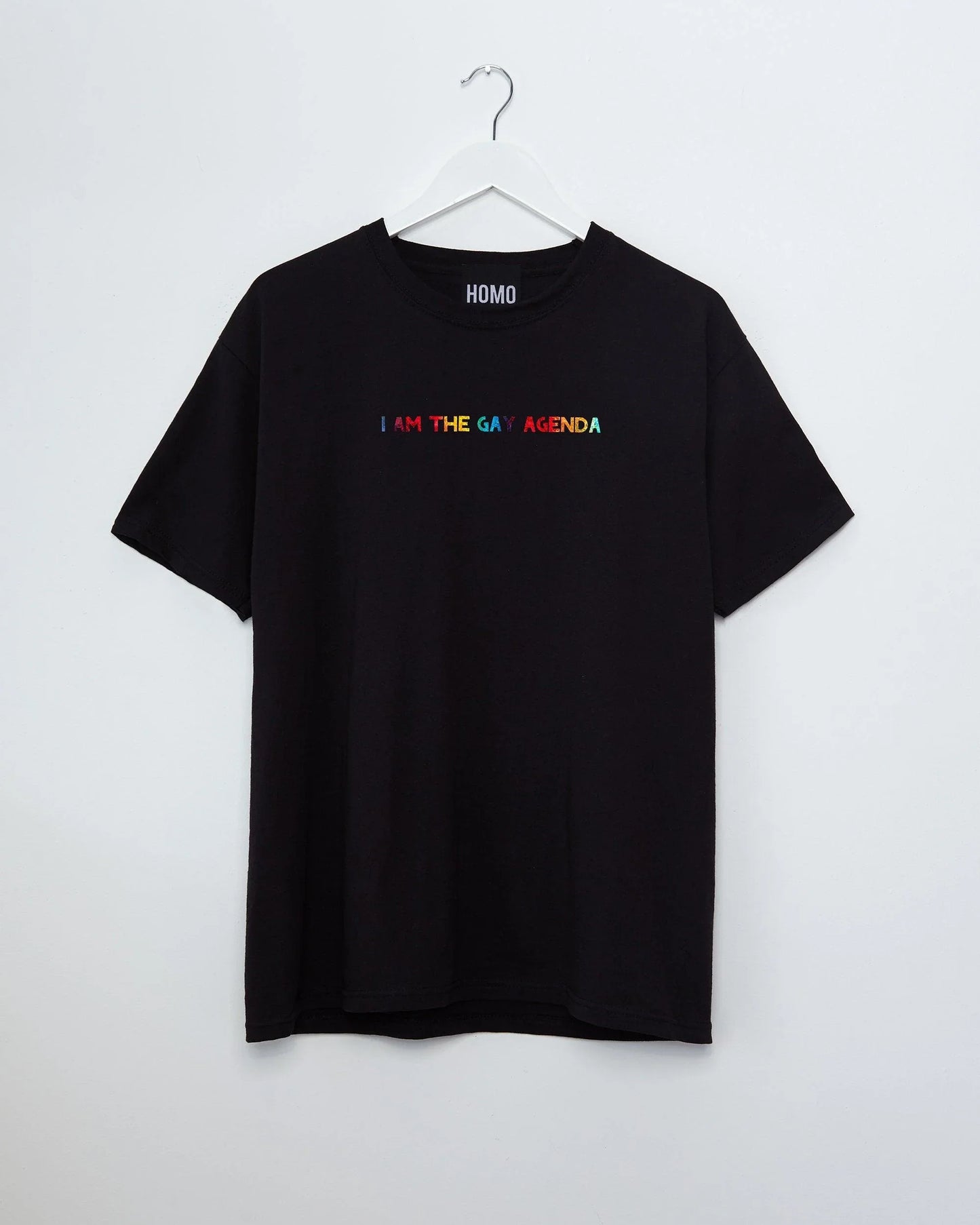 Sparkle in Pride with the "I Am The Gay Agenda Tee - Sparkly Rainbow on Black" - HOMOLONDON