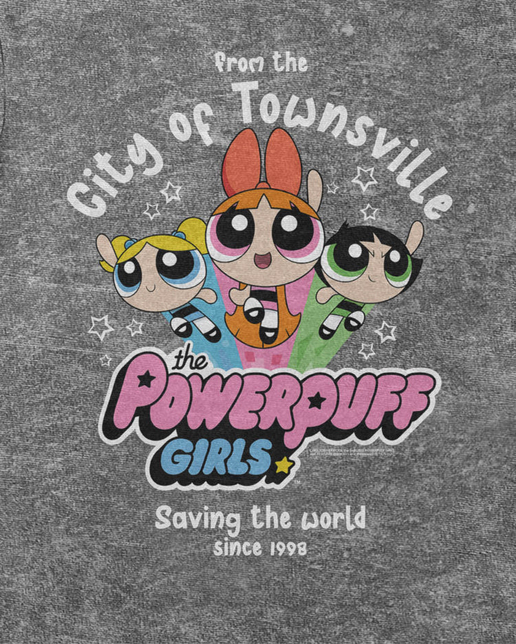 Official Powerpuff Girls on distressed look grey - tshirt