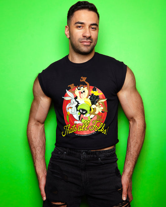 Official Looney Tunes That's All Folks sleeveless low cut crop/ tshirt crop - black