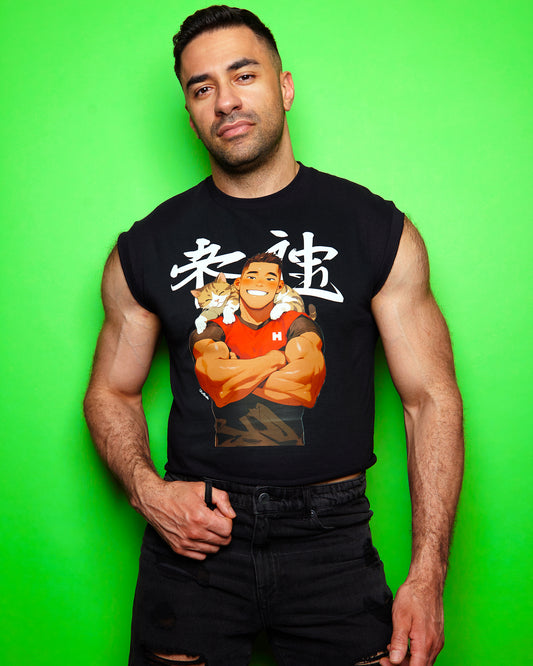 Jojo Bear: Hunky Joseph with kitten buddy on black - low cut crop top
