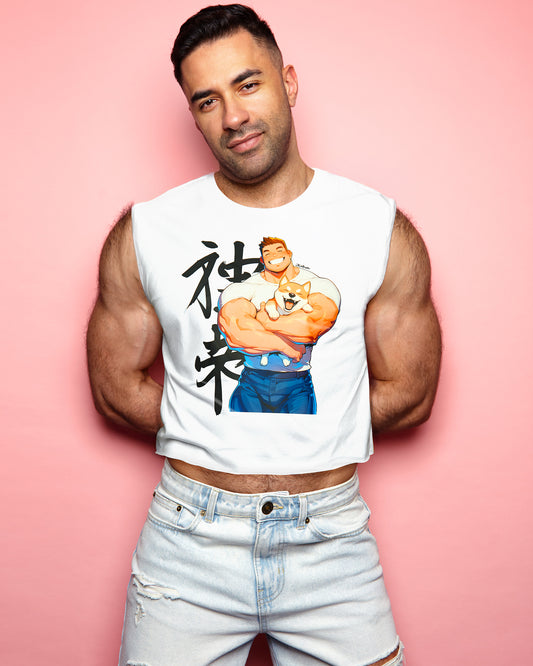 Jojo Bear: Hunky Hank with his Shiba Inu on white - sleeveless low cut crop top