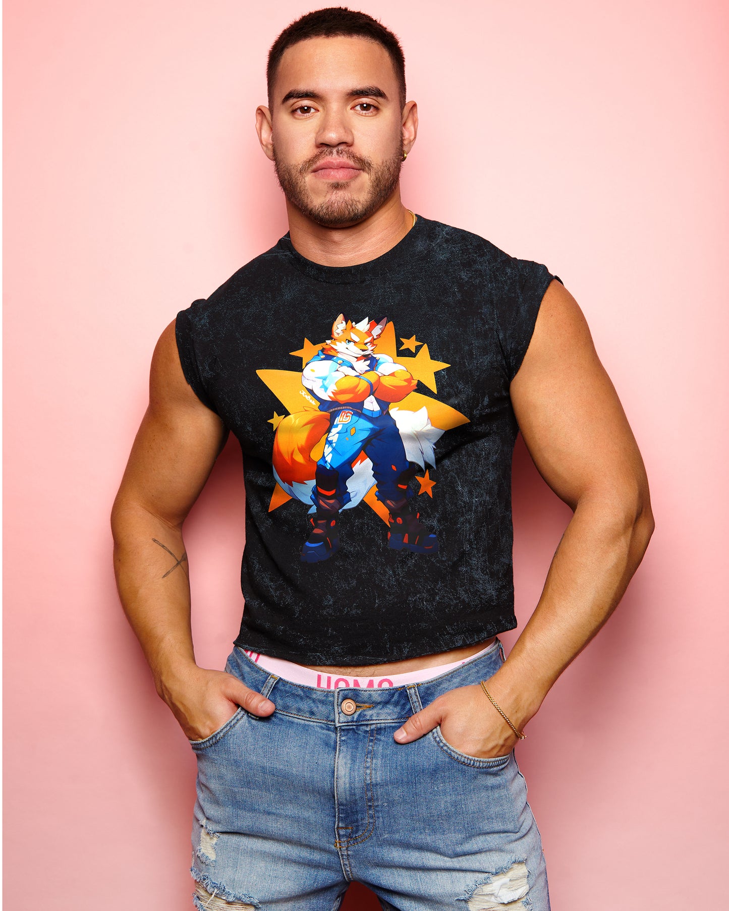 Space furries: Flash the Space ranger on black stone wash, sleeveless low cut crop top