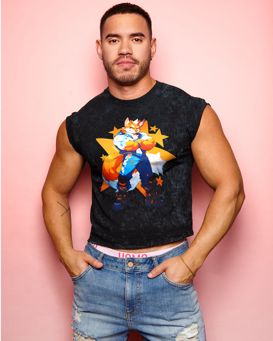 Space furries: Flash the Space ranger on black stone wash, sleeveless low cut crop top