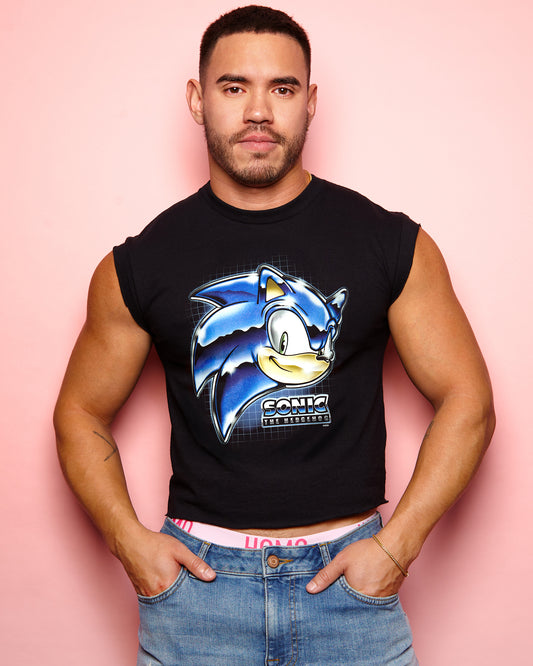 Official Sonic the hedgehog sleeveless low cut crop top- black