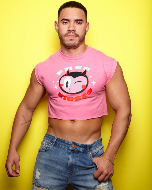 Devilish, Free kisses on pink sleeveless crop-top.