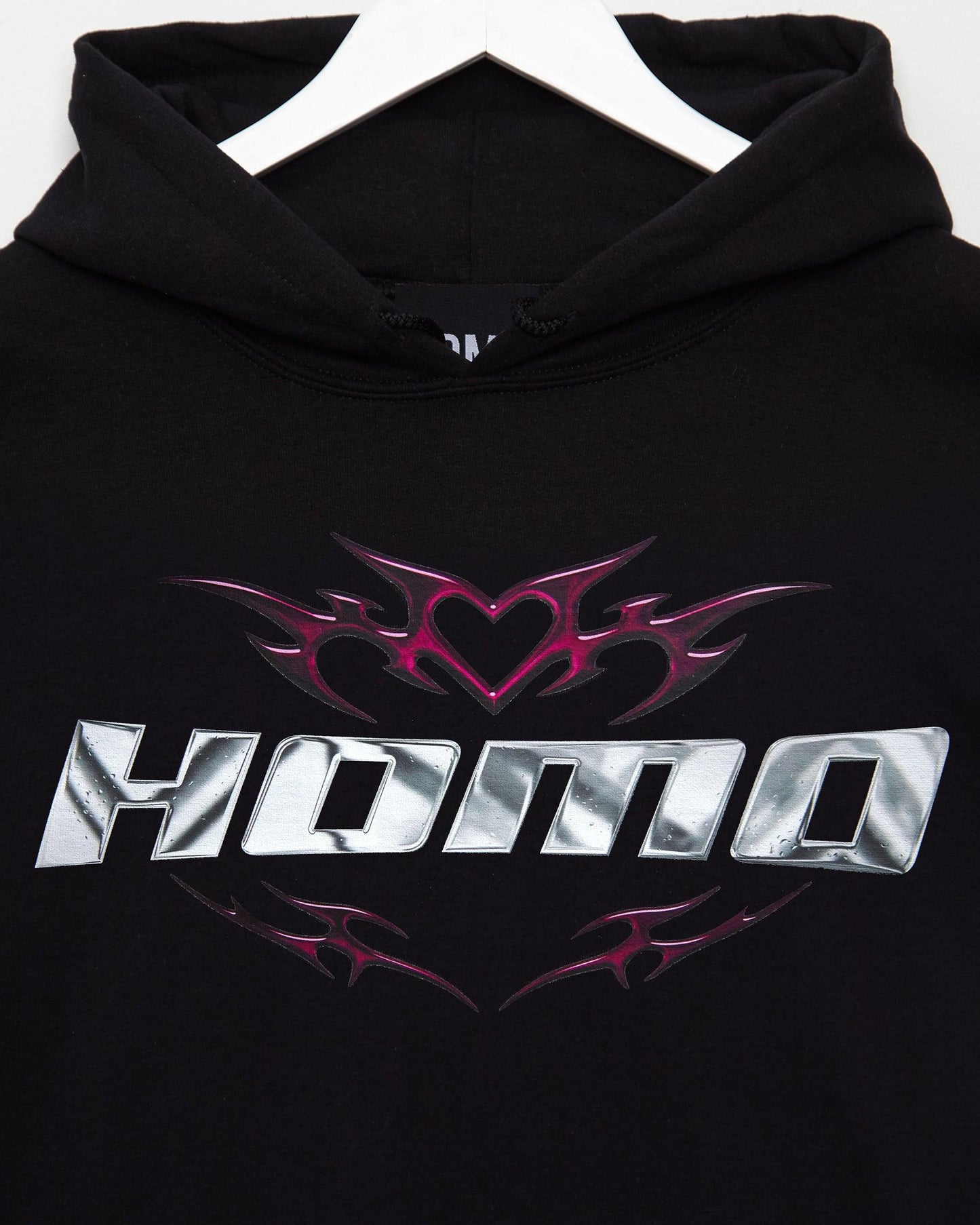 Chrome Y2K: HOMO, silver and pink on black - pullover hoodie.