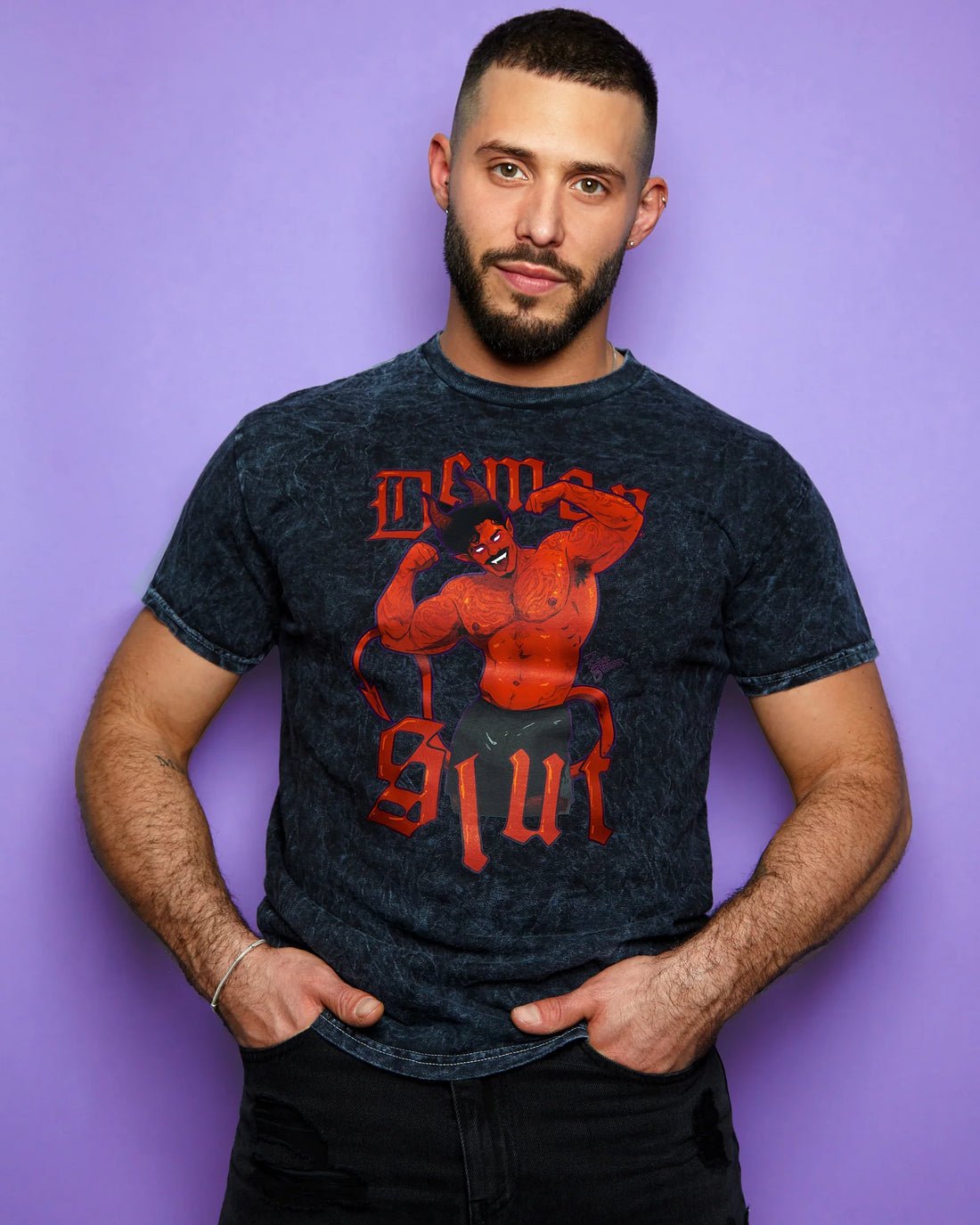Demon s/ut, flexing tattooed demon hunk on black stone wash - tshirt