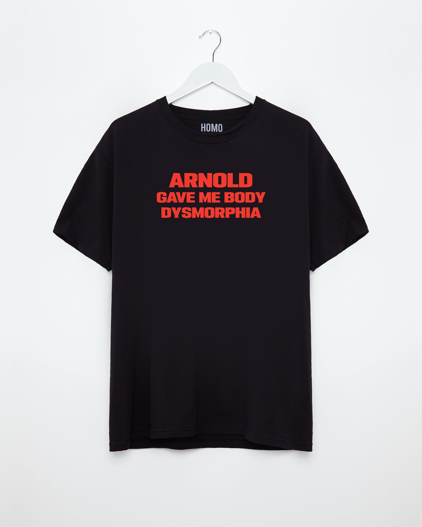 Arnold gave me body dysmorphia, red print on black - tshirt