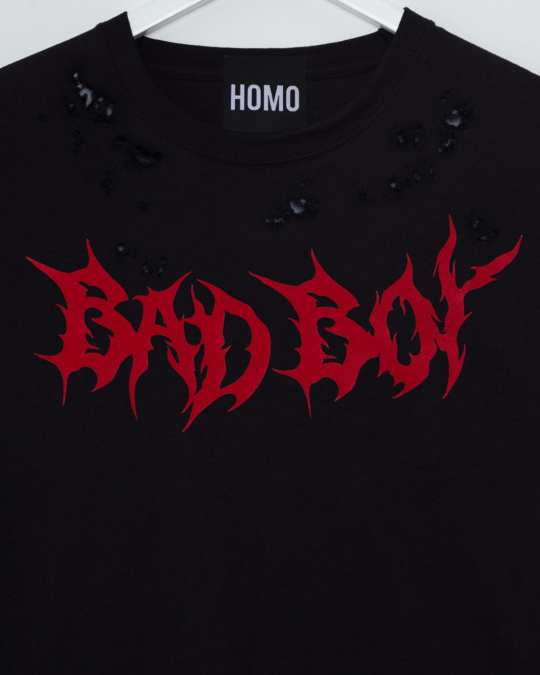 BAD BOY in flock distressed, low cut cropped tee - red/black