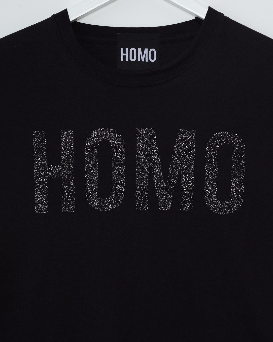 HOMO Logo, Black glitter print on black - low cut cropped tee
