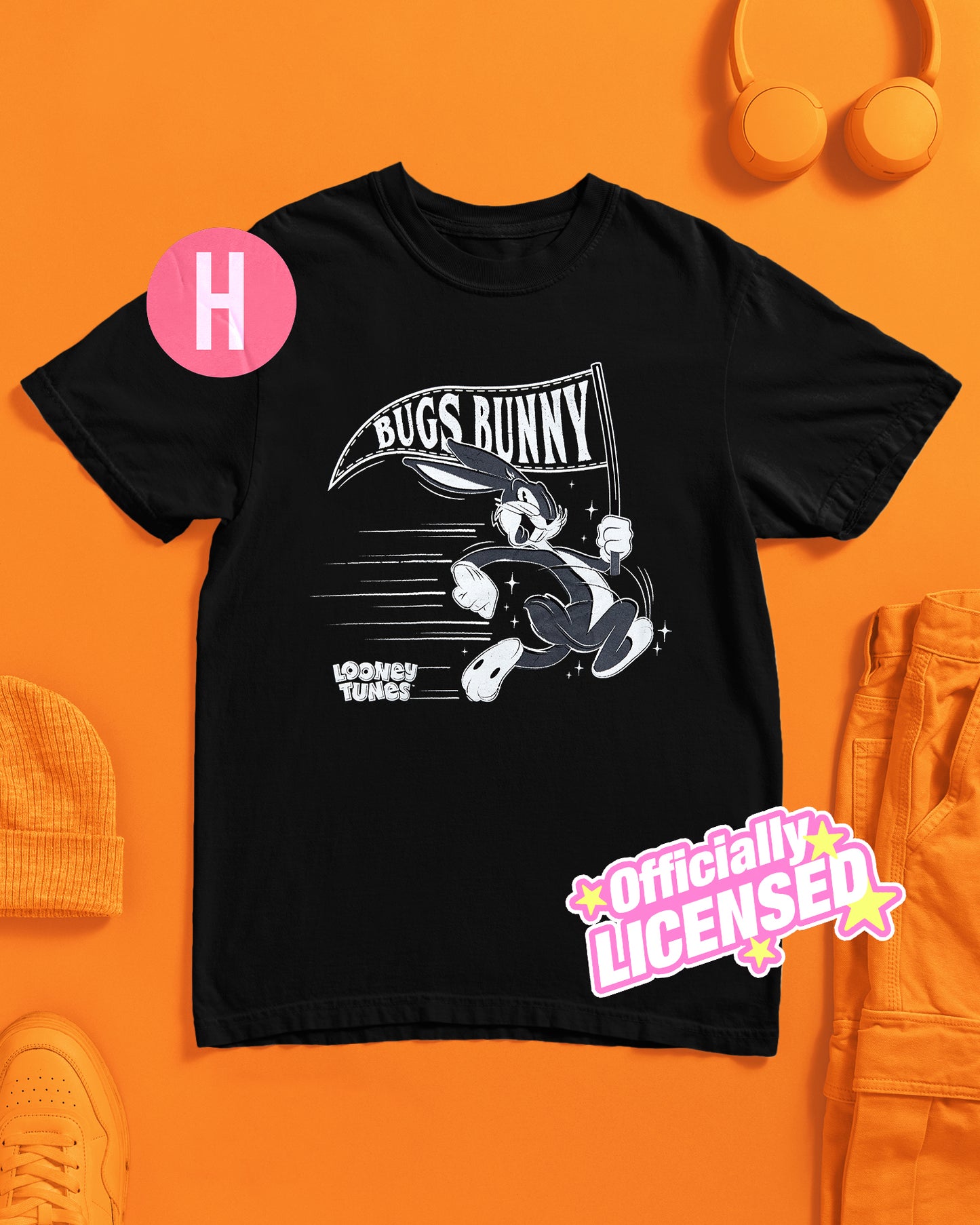 Official Looney Tunes: Retro Bugs with Flag, Unisex T-Shirt - black