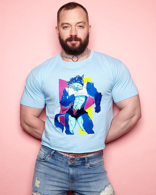 ZACH BRUNNER! shhh don't look now, here comes that sexy neon wolf! on blue - cropped tee