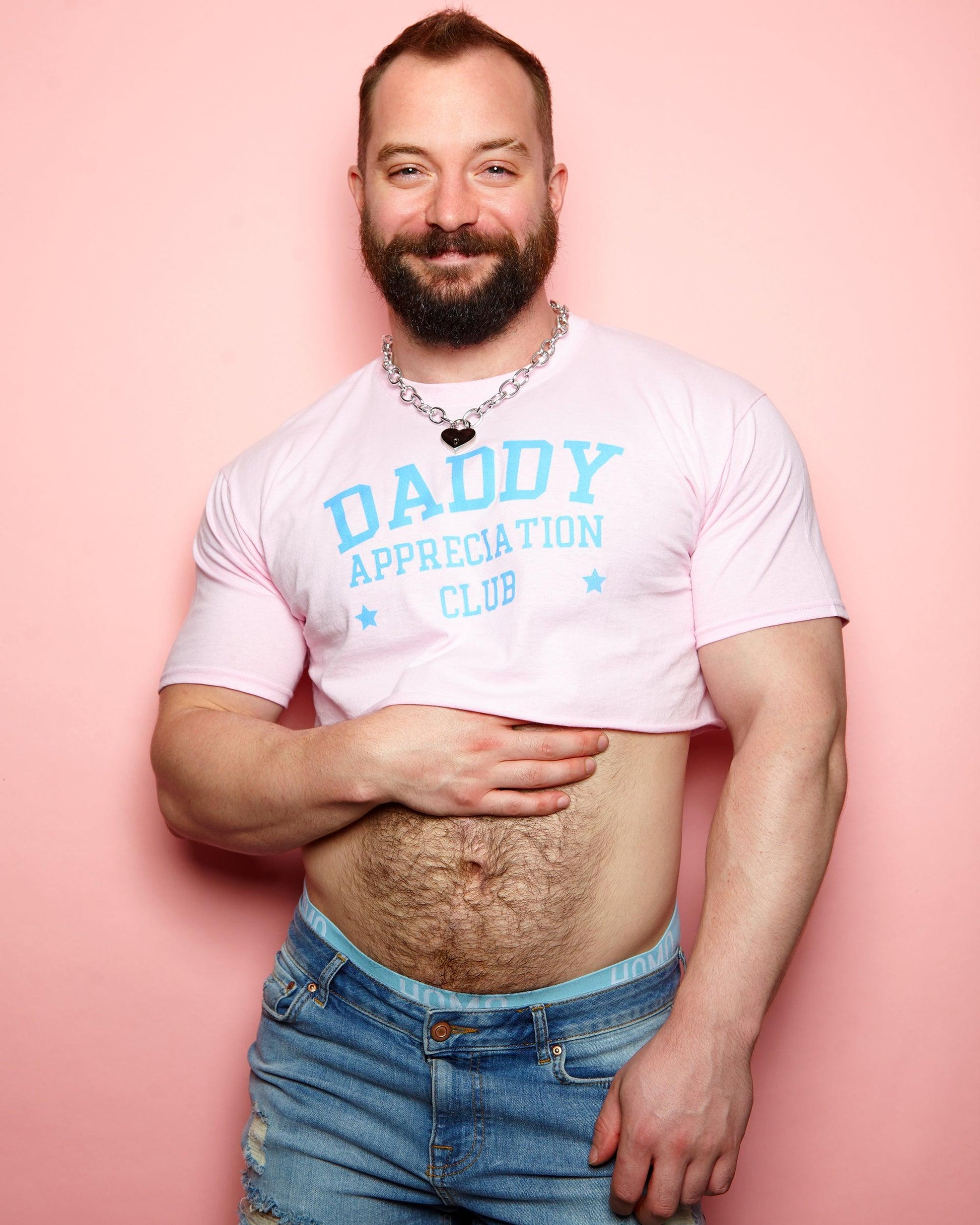 Daddy appreciation club, light blue flock on pink - mens crop top. - HOMOLONDON