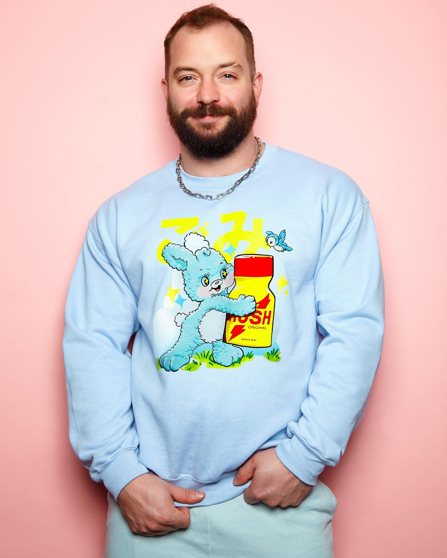 This little bunny loves his poppers on light blue - sweatshirt