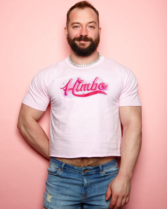 Spray paint style himbo on pink - mens cropped tee / crop top - HOMOLONDON
