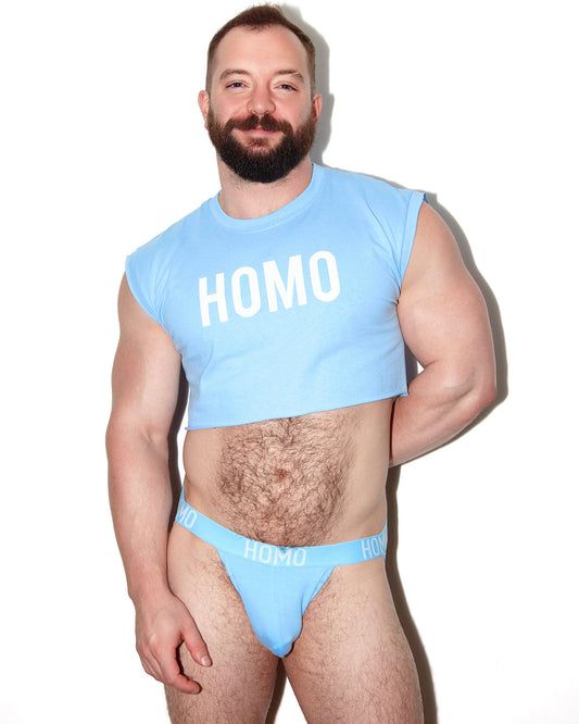 Get the look!! blue HOMO classic jock & blue HOMO crop-top set.
