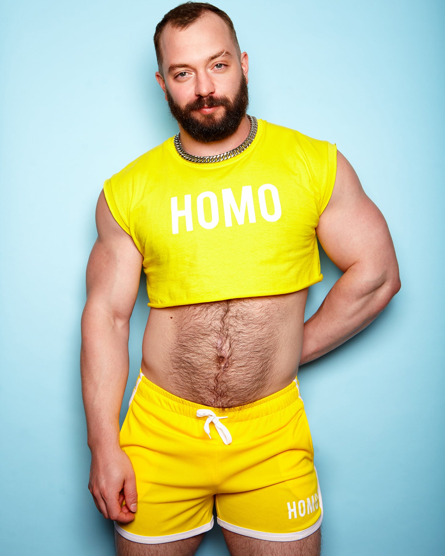 Double pack - HOMO white on yellow - crop top and short shorts - Full outfit.