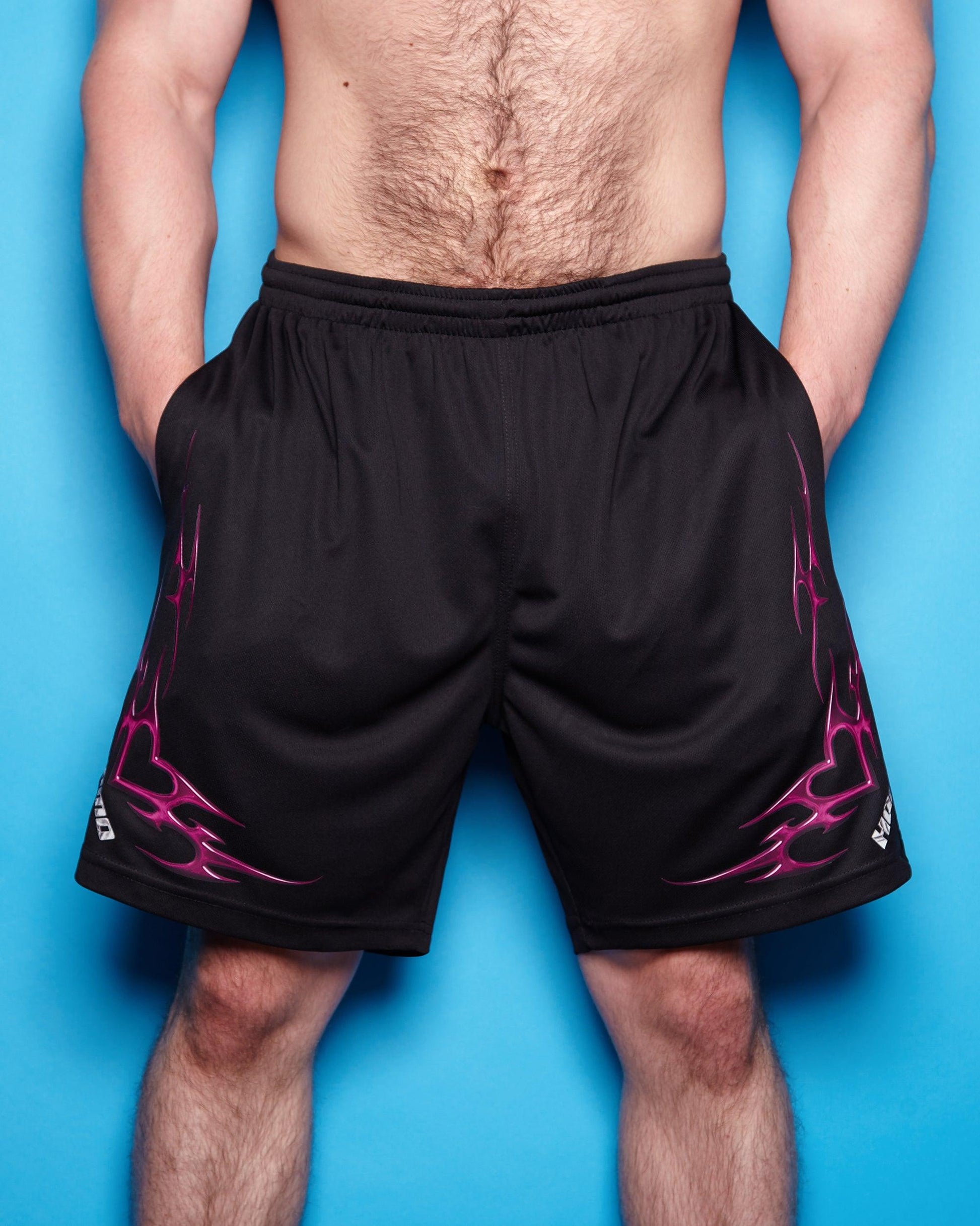 Chrome Y2K: HOMO, silver and pink on black - basket ball shorts - HOMOLONDON