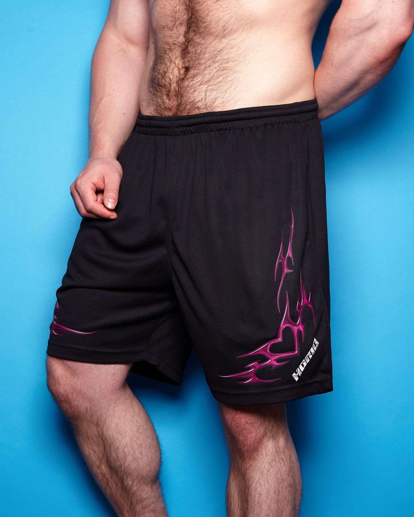 Chrome Y2K: HOMO, silver and pink on black - basket ball shorts