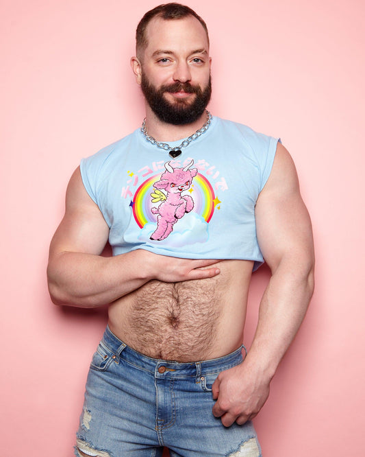 Hail Kibble on light blue  - sleeveless crop top.
