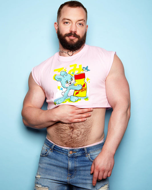 This little bunny loves his Rush on pink - mens sleeveless crop top.